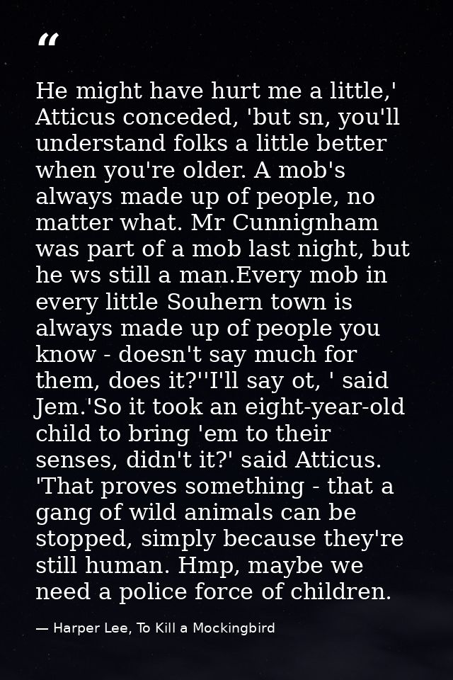 He might have hurt me a little,' Atticus conceded, 'but sn, you'll understand folks a little better when you're older. A — Harper Lee, To Kill a Mockingbird