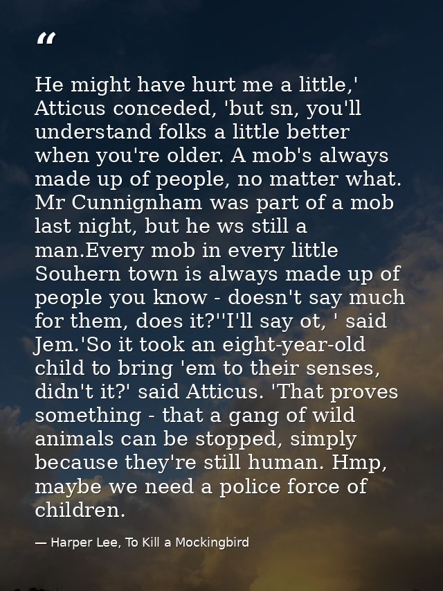He might have hurt me a little,' Atticus conceded, 'but sn, you'll understand folks a little better when you're older. A — Harper Lee, To Kill a Mockingbird