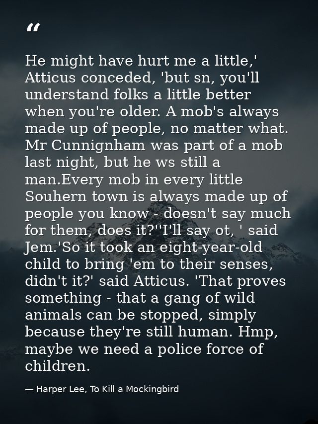 He might have hurt me a little,' Atticus conceded, 'but sn, you'll understand folks a little better when you're older. A — Harper Lee, To Kill a Mockingbird