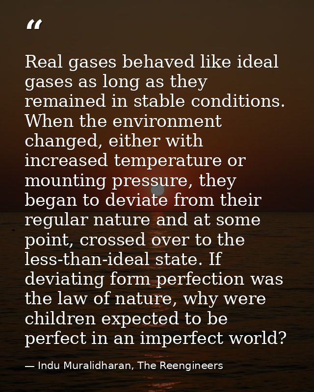 Real gases behaved like ideal gases as long as they remained in stable conditions. When the environment changed, either  — Indu Muralidharan, The Reengineers