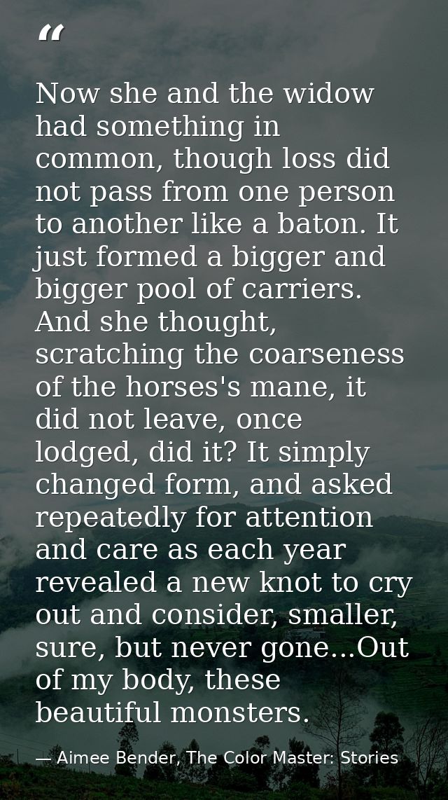 Now she and the widow had something in common, though loss did not pass from one person to another like a baton. It just — Aimee Bender, The Color Master: Stories