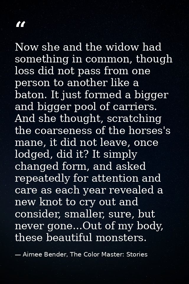 Now she and the widow had something in common, though loss did not pass from one person to another like a baton. It just — Aimee Bender, The Color Master: Stories
