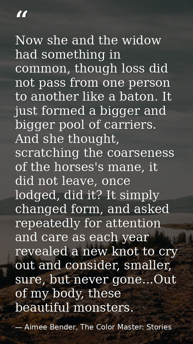 Now she and the widow had something in common, though loss did not pass from one person to another like a baton. It just — Aimee Bender, The Color Master: Stories