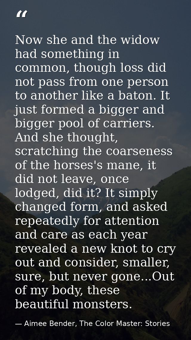 Now she and the widow had something in common, though loss did not pass from one person to another like a baton. It just — Aimee Bender, The Color Master: Stories