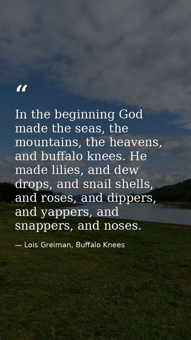 In the beginning God made the seas, the mountains, the heavens, and buffalo knees. He made lilies, and dew drops, and sn — Lois Greiman, Buffalo Knees