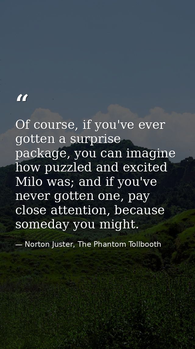 Of course, if you've ever gotten a surprise package, you can imagine how puzzled and excited Milo was; and if you've nev — Norton Juster, The Phantom Tollbooth