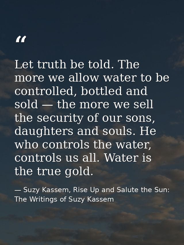 Let truth be told. The more we allow water to be controlled, bottled and sold — the more we sell the security of our son — Suzy Kassem, Rise Up and Salute the Sun: The Writings of Suzy Kassem