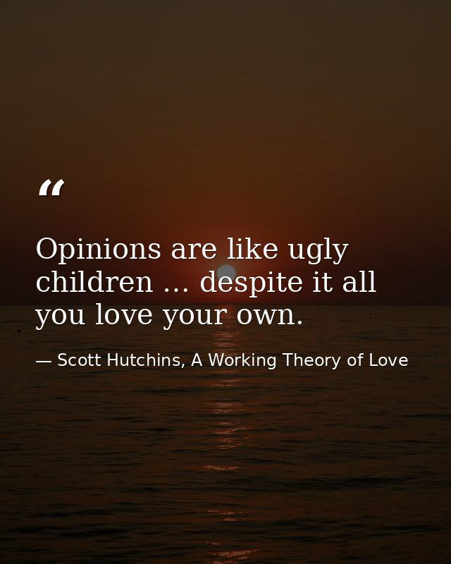 Opinions are like ugly children … despite it all you love your own. — Scott Hutchins, A Working Theory of Love