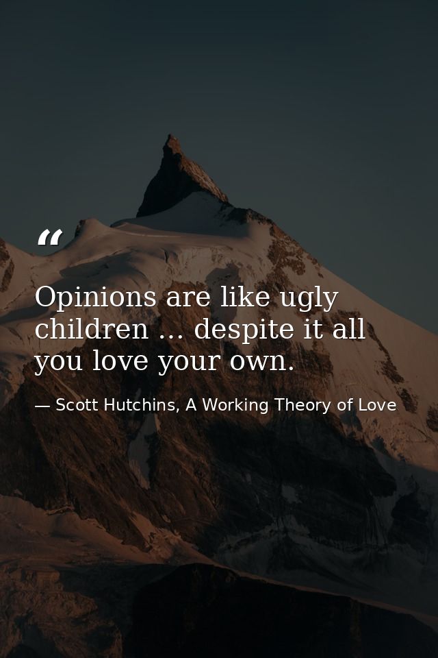 Opinions are like ugly children … despite it all you love your own. — Scott Hutchins, A Working Theory of Love