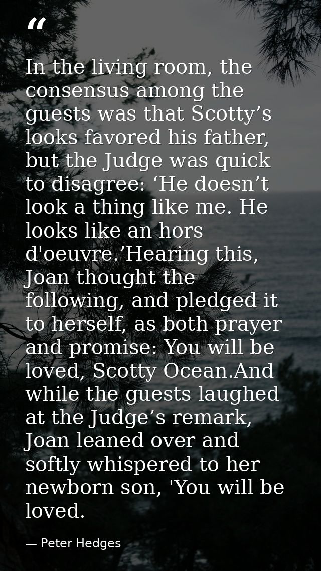 In the living room, the consensus among the guests was that Scotty’s looks favored his father, but the Judge was quick t — Peter Hedges