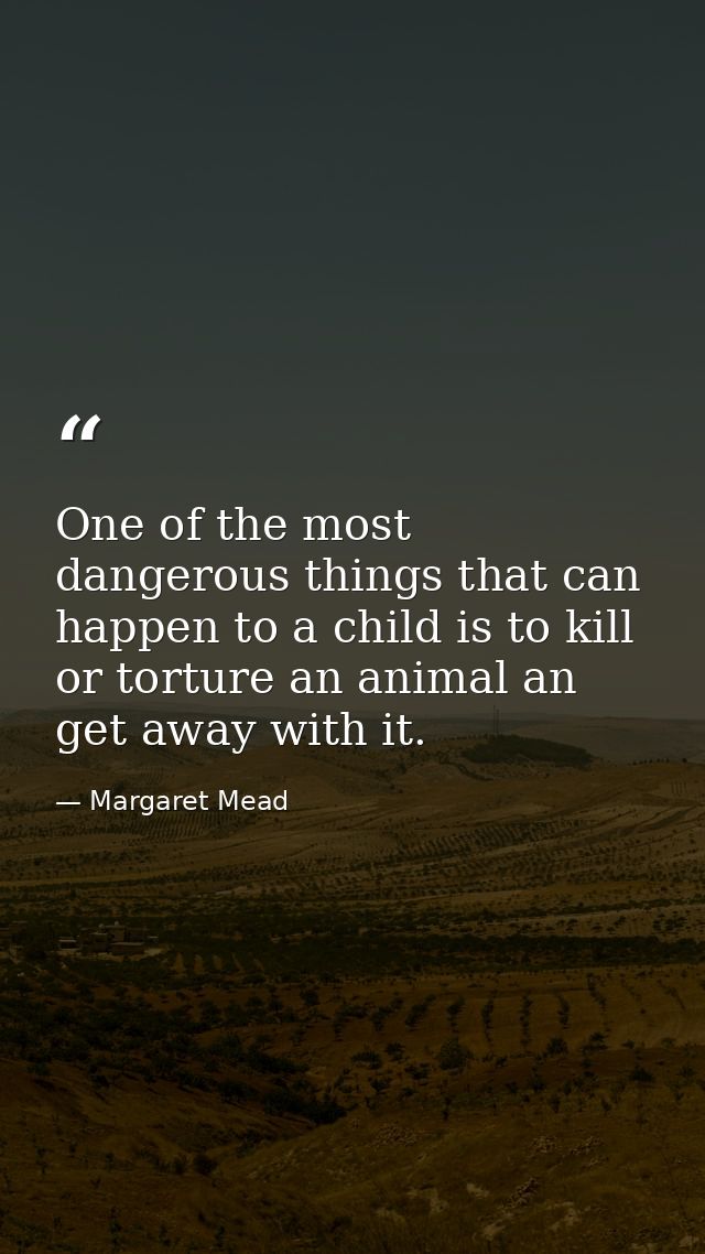 One of the most dangerous things that can happen to a child is to kill or torture an animal an get away with it. — Margaret Mead