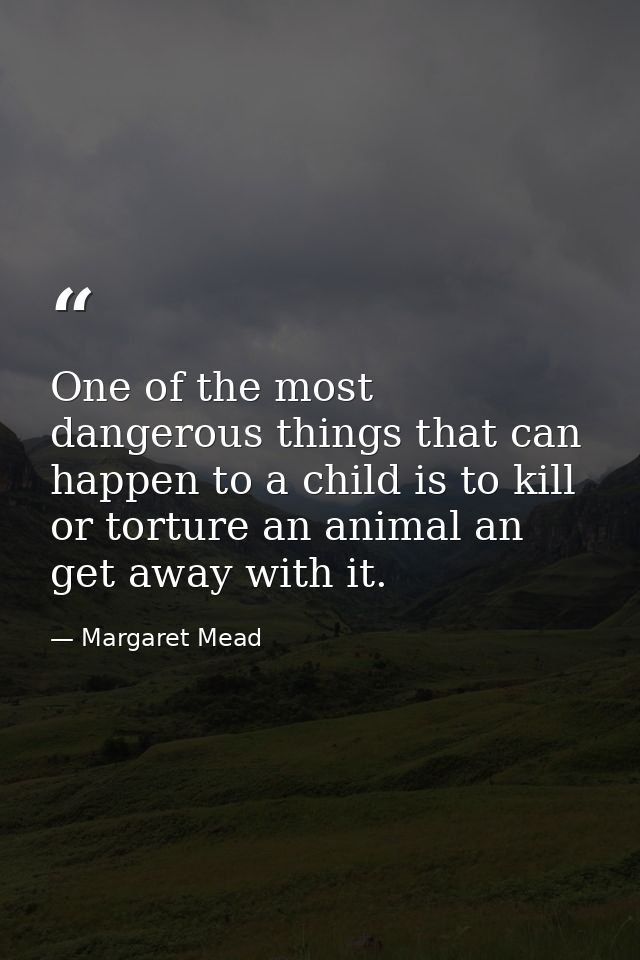One of the most dangerous things that can happen to a child is to kill or torture an animal an get away with it. — Margaret Mead