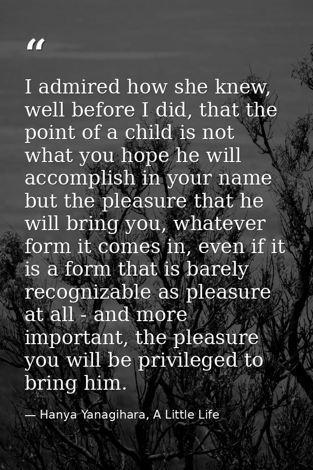 I admired how she knew, well before I did, that the point of a child is not what you hope he will accomplish in your nam — Hanya Yanagihara, A Little Life