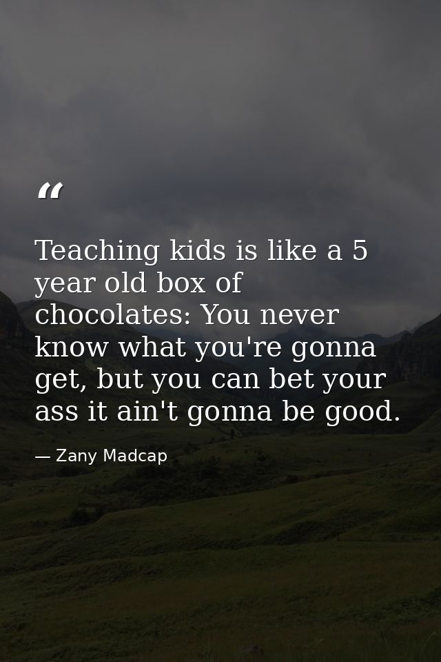 Teaching kids is like a 5 year old box of chocolates: You never know what you're gonna get, but you can bet your ass it  — Zany Madcap