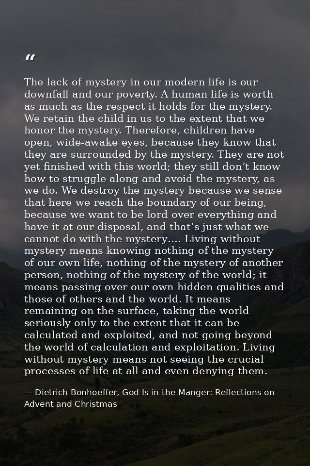 The lack of mystery in our modern life is our downfall and our poverty. A human life is worth as much as the respect it  — Dietrich Bonhoeffer, God Is in the Manger: Reflections on Advent and Christmas