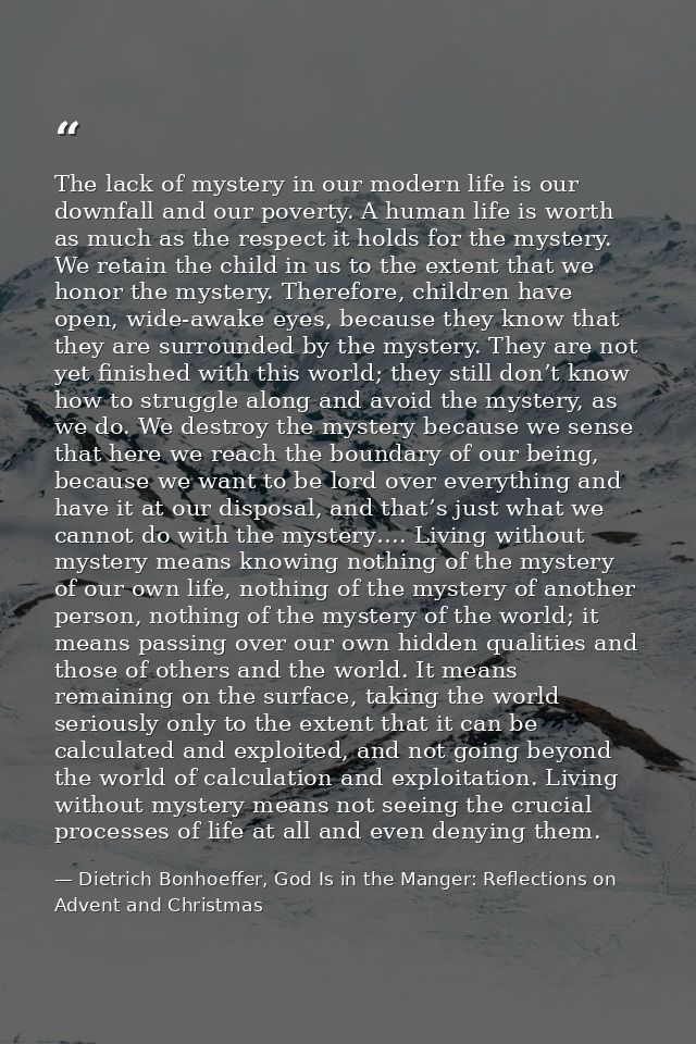 The lack of mystery in our modern life is our downfall and our poverty. A human life is worth as much as the respect it  — Dietrich Bonhoeffer, God Is in the Manger: Reflections on Advent and Christmas