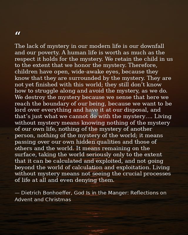 The lack of mystery in our modern life is our downfall and our poverty. A human life is worth as much as the respect it  — Dietrich Bonhoeffer, God Is in the Manger: Reflections on Advent and Christmas