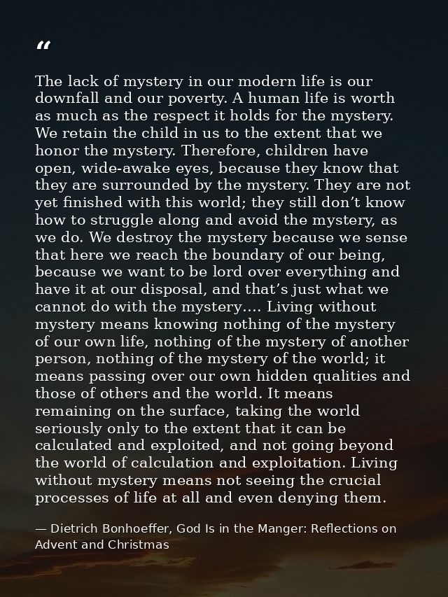 The lack of mystery in our modern life is our downfall and our poverty. A human life is worth as much as the respect it  — Dietrich Bonhoeffer, God Is in the Manger: Reflections on Advent and Christmas