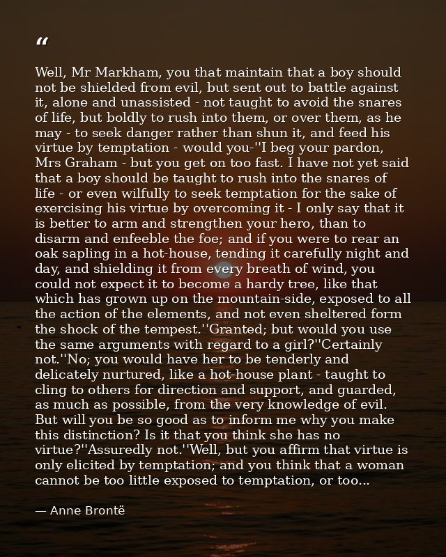 Well, Mr Markham, you that maintain that a boy should not be shielded from evil, but sent out to battle against it, alon — Anne Brontë