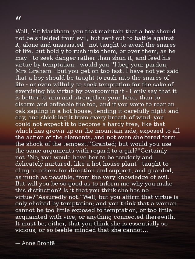 Well, Mr Markham, you that maintain that a boy should not be shielded from evil, but sent out to battle against it, alon — Anne Brontë