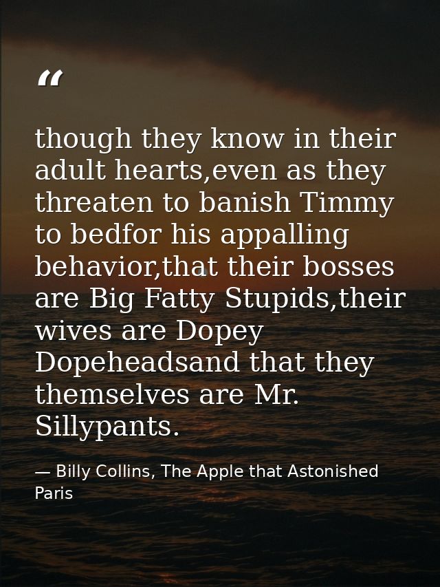 though they know in their adult hearts,even as they threaten to banish Timmy to bedfor his appalling behavior,that their — Billy Collins, The Apple that Astonished Paris