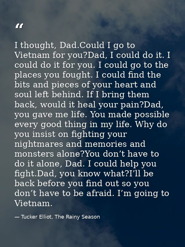 I thought, Dad.Could I go to Vietnam for you?Dad, I could do it. I could do it for you. I could go to the places you fou — Tucker Elliot, The Rainy Season