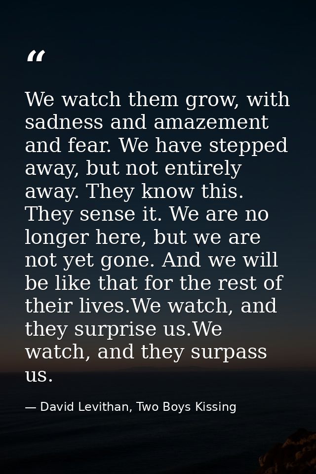 We watch them grow, with sadness and amazement and fear. We have stepped away, but not entirely away. They know this. Th — David Levithan, Two Boys Kissing