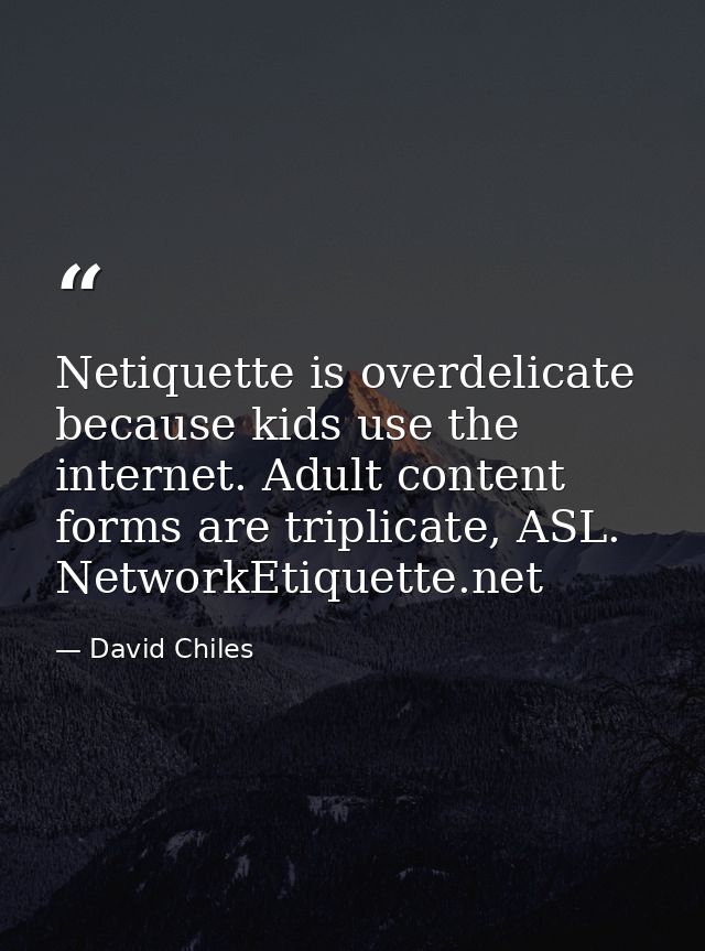 Netiquette is overdelicate because kids use the internet. Adult content forms are triplicate, ASL. NetworkEtiquette.net — David Chiles