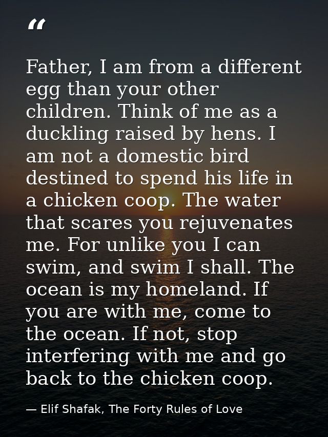 Father, I am from a different egg than your other children. Think of me as a duckling raised by hens. I am not a domesti — Elif Shafak, The Forty Rules of Love