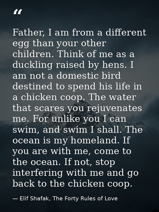 Father, I am from a different egg than your other children. Think of me as a duckling raised by hens. I am not a domesti — Elif Shafak, The Forty Rules of Love
