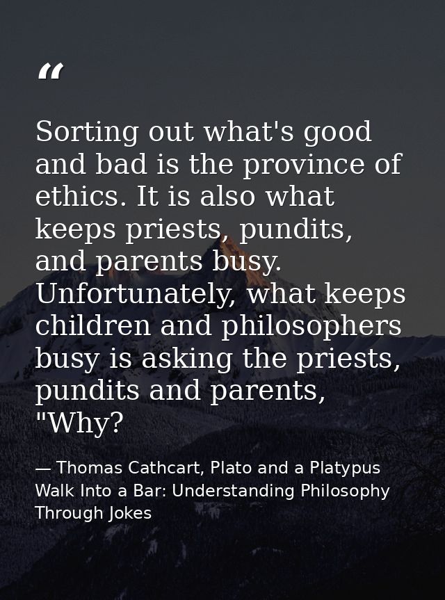 Sorting out what's good and bad is the province of ethics. It is also what keeps priests, pundits, and parents busy. Unf — Thomas Cathcart, Plato and a Platypus Walk Into a Bar: Understanding Philosophy Through Jokes