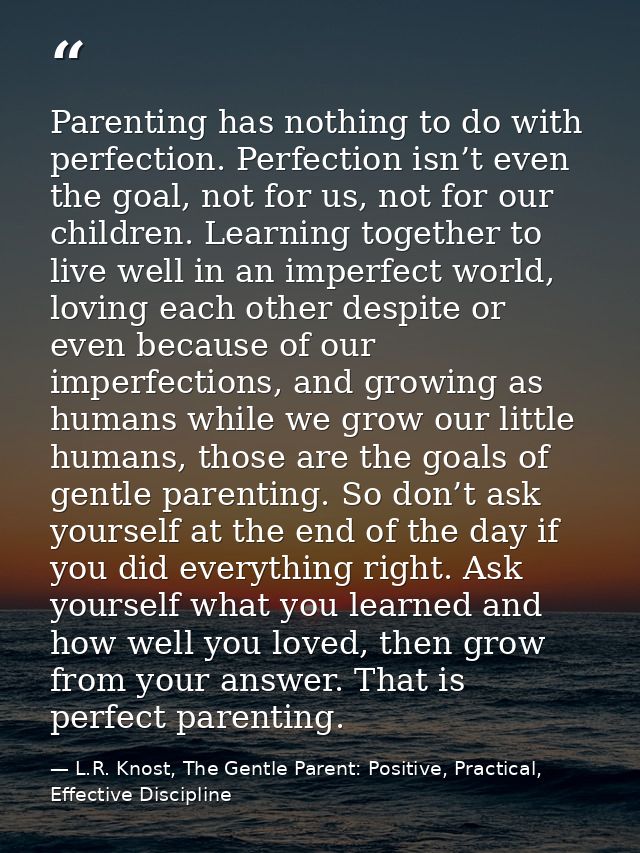 Parenting has nothing to do with perfection. Perfection isn’t even the goal, not for us, not for our children. Learning  — L.R. Knost, The Gentle Parent: Positive, Practical, Effective Discipline