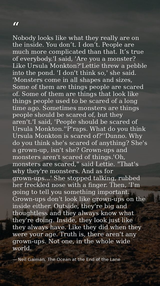 Nobody looks like what they really are on the inside. You don’t. I don’t. People are much more complicated than that. It — Neil Gaiman, The Ocean at the End of the Lane