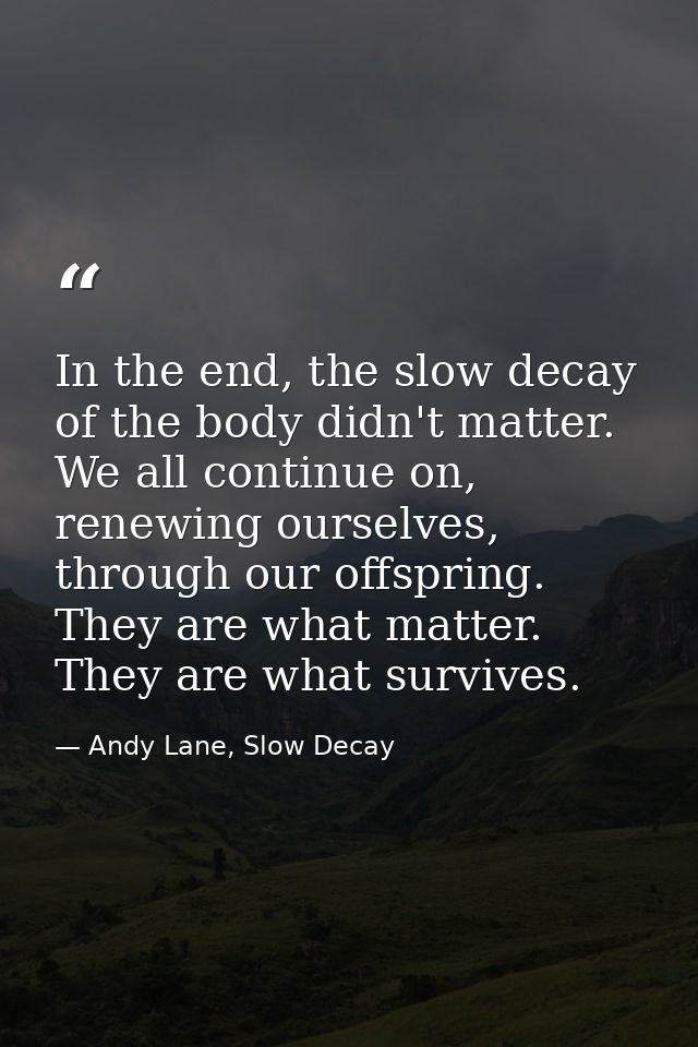 In the end, the slow decay of the body didn't matter. We all continue on, renewing ourselves, through our offspring. The — Andy Lane, Slow Decay