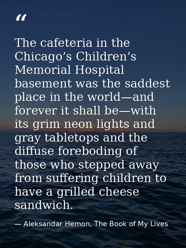 The cafeteria in the Chicago’s Children’s Memorial Hospital basement was the saddest place in the world—and forever it s — Aleksandar Hemon, The Book of My Lives