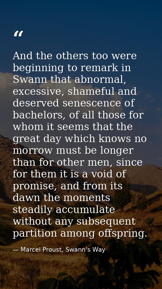 And the others too were beginning to remark in Swann that abnormal, excessive, shameful and deserved senescence of bache — Marcel Proust, Swann's Way