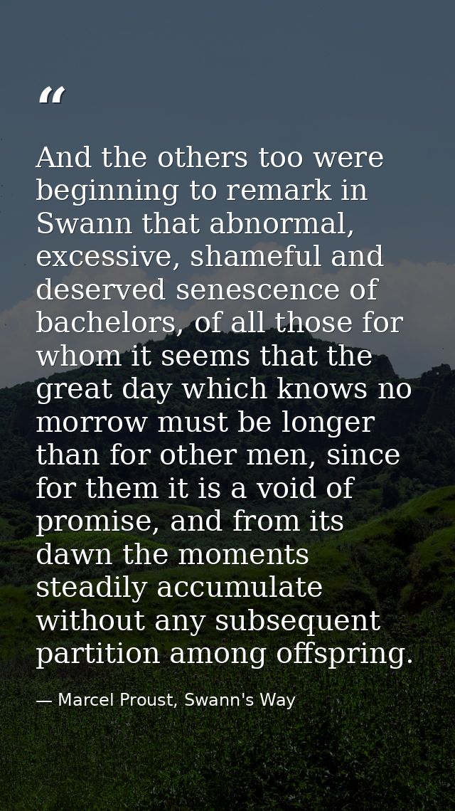 And the others too were beginning to remark in Swann that abnormal, excessive, shameful and deserved senescence of bache — Marcel Proust, Swann's Way