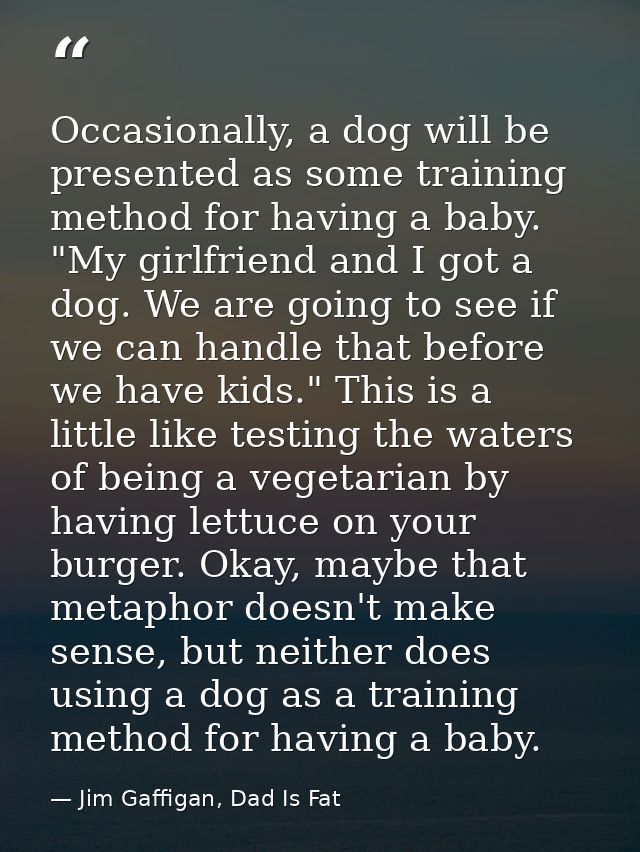 Occasionally, a dog will be presented as some training method for having a baby. "My girlfriend and I got a dog. We are  — Jim Gaffigan, Dad Is Fat