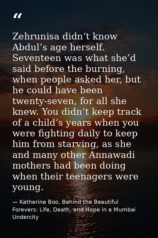 Zehrunisa didn’t know Abdul’s age herself. Seventeen was what she’d said before the burning, when people asked her, but  — Katherine Boo, Behind the Beautiful Forevers: Life, Death, and Hope in a Mumbai Undercity