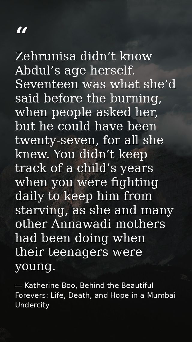 Zehrunisa didn’t know Abdul’s age herself. Seventeen was what she’d said before the burning, when people asked her, but  — Katherine Boo, Behind the Beautiful Forevers: Life, Death, and Hope in a Mumbai Undercity