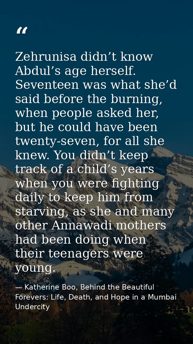 Zehrunisa didn’t know Abdul’s age herself. Seventeen was what she’d said before the burning, when people asked her, but  — Katherine Boo, Behind the Beautiful Forevers: Life, Death, and Hope in a Mumbai Undercity