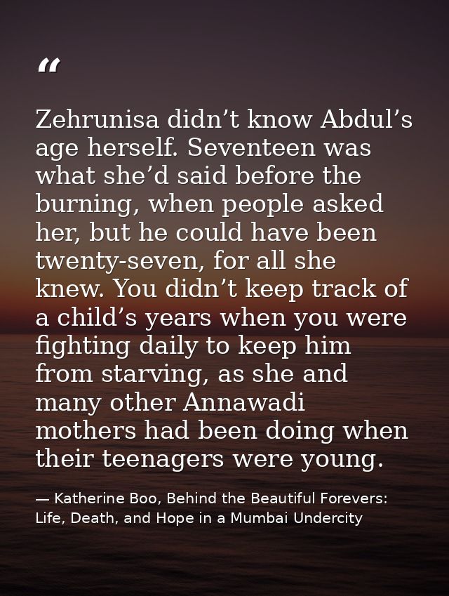 Zehrunisa didn’t know Abdul’s age herself. Seventeen was what she’d said before the burning, when people asked her, but  — Katherine Boo, Behind the Beautiful Forevers: Life, Death, and Hope in a Mumbai Undercity