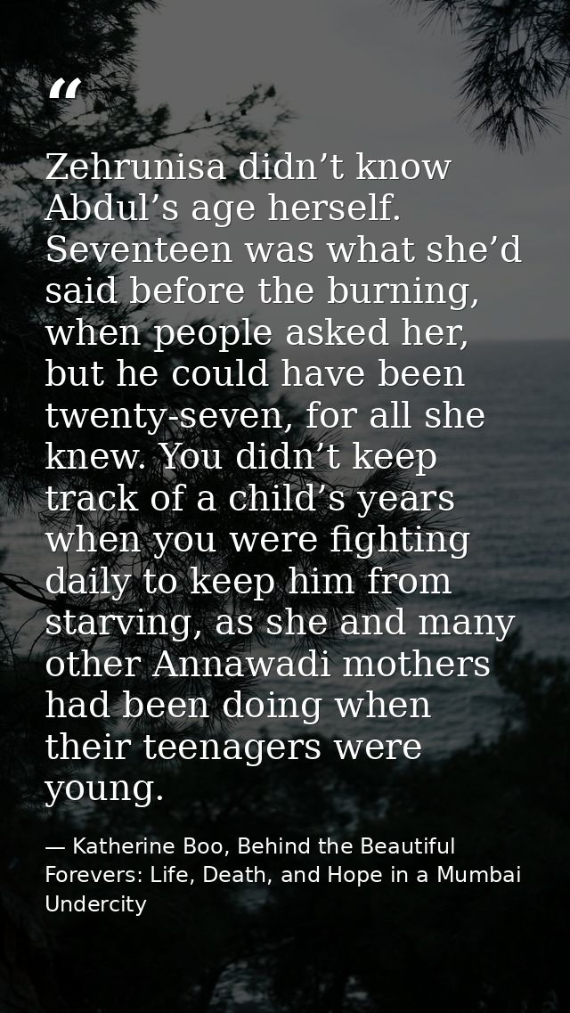 Zehrunisa didn’t know Abdul’s age herself. Seventeen was what she’d said before the burning, when people asked her, but  — Katherine Boo, Behind the Beautiful Forevers: Life, Death, and Hope in a Mumbai Undercity