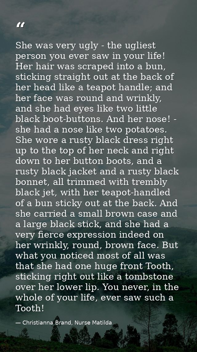 She was very ugly - the ugliest person you ever saw in your life! Her hair was scraped into a bun, sticking straight out — Christianna Brand, Nurse Matilda