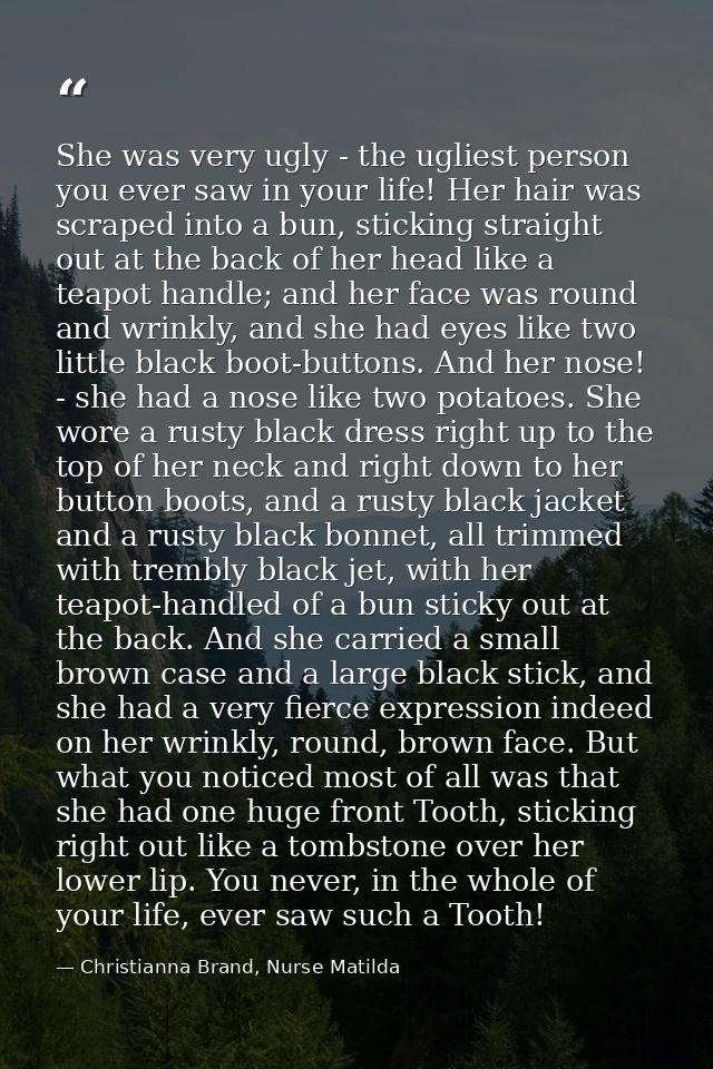 She was very ugly - the ugliest person you ever saw in your life! Her hair was scraped into a bun, sticking straight out — Christianna Brand, Nurse Matilda