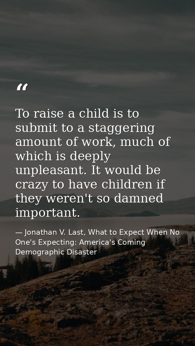 To raise a child is to submit to a staggering amount of work, much of which is deeply unpleasant. It would be crazy to h — Jonathan V. Last, What to Expect When No One's Expecting: America's Coming Demographic Disaster