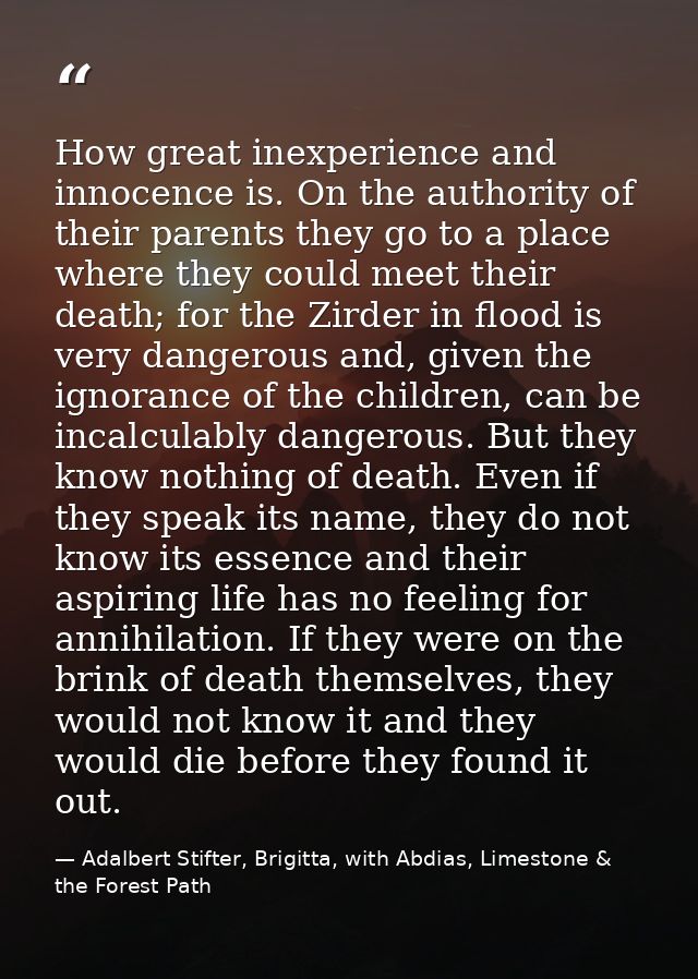 How great inexperience and innocence is. On the authority of their parents they go to a place where they could meet thei — Adalbert Stifter, Brigitta, with Abdias, Limestone & the Forest Path