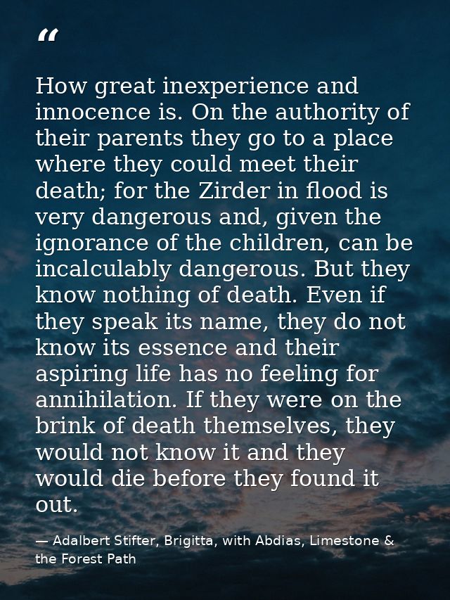 How great inexperience and innocence is. On the authority of their parents they go to a place where they could meet thei — Adalbert Stifter, Brigitta, with Abdias, Limestone & the Forest Path
