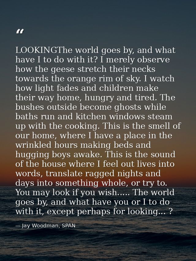 LOOKINGThe world goes by, and what have I to do with it? I merely observe how the geese stretch their necks towards the  — Jay Woodman, SPAN
