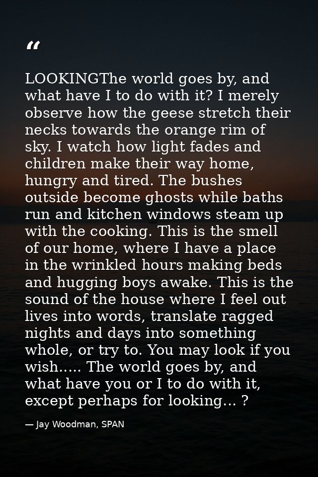 LOOKINGThe world goes by, and what have I to do with it? I merely observe how the geese stretch their necks towards the  — Jay Woodman, SPAN